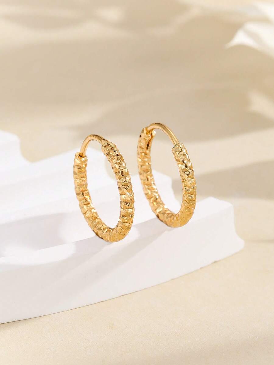 2只简约纹理小圆环耳环，时尚优雅，适合女性日常佩戴，百搭男女皆宜的情侣耳环 - 金色 - 查看 1