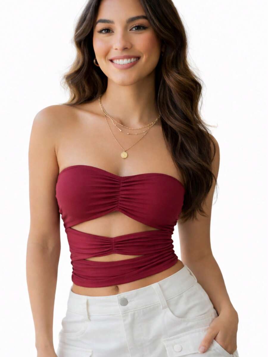 Cropped Strapless Summer Top With Ruching And A Cutout At The Stomach. - 酒紅色 - 查看 1