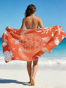 1pc Refreshing Ocean Style Sea Towel, White Outline Ocean Creature Print On Orange Background, Quick-Dry Absorbent Beach/Pool Towel, Perfect For Vacation & Photo Shoot - Multicolor - View 4