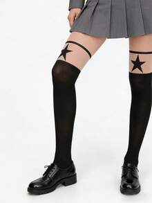 1 par de medias altas y sexys, adecuadas para chicas de moda, diseñadas con un patrón de estrellas en color albaricoque y negro, versátiles para varios estilos - Multicolor - Ver 5