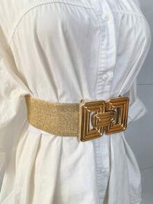 Fashionable Gold Square Buckle Elastic Waist Belt, Versatile Minimalist Waist Cincher For Dresses, Women Casual Solid Color Bohemian Retro Chic Party Cute Sexy Street Elegant Versatile For All Seasons - Gold - View 3