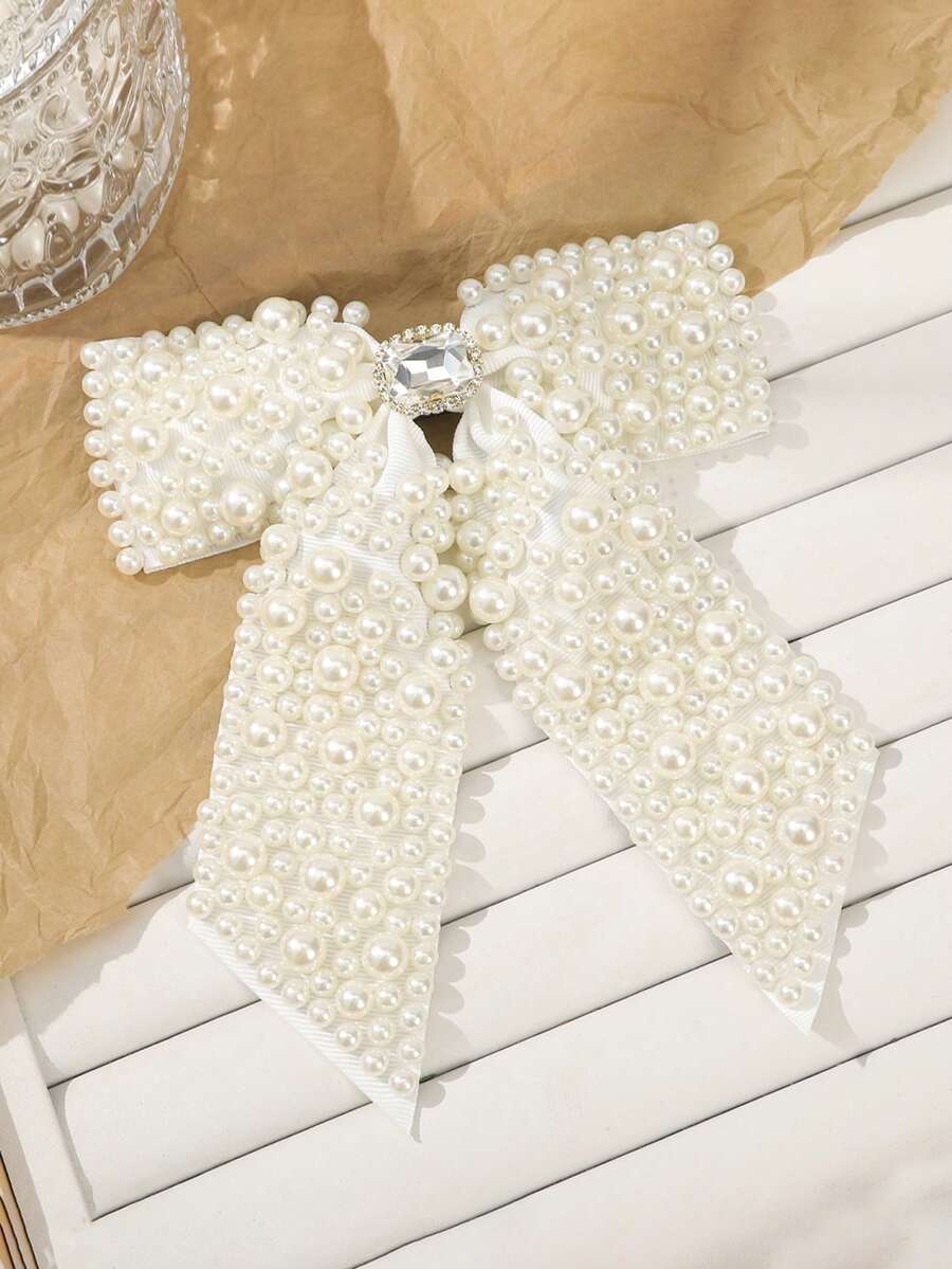 1个女士白色时尚优雅仿珍珠蝴蝶结弹簧发夹，适合日常佩戴和聚会场合 - 白色 - 查看 1