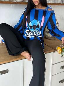 Disney Bộ 2 món áo thun dài cổ yếm và quần dài màu đen Stitch dành cho nữ, chất liệu co giãn, thân thiện với da, thoải mái, thanh lịch, lãng mạn, quyến rũ, dễ thương, thích hợp cho kỳ nghỉ hè/thu. - màu đen - Xem 2