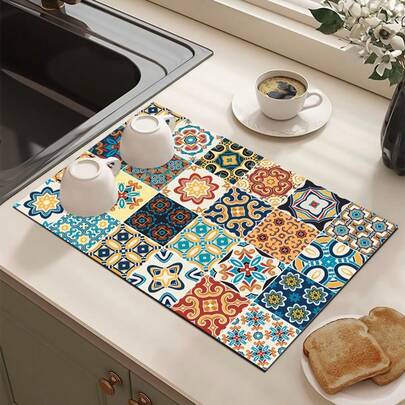 1 tấm thảm thấm hút in nhiều họa tiết, tấm lót thấm nước mới cho mặt bàn bếp, thảm silicon mềm chống trượt, nhanh khô dùng cho mặt bàn bếp, máy pha cà phê và nhiều nơi khác.