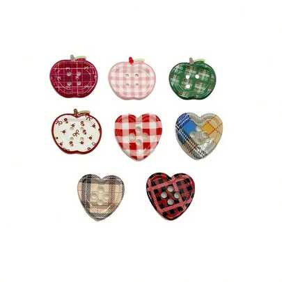 8个复古格子纽扣磁性冰箱贴 - 心形塑料装饰贴纸，适用于家居厨房