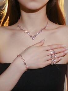 Bộ trang sức pha lê và đá quý sang trọng - gồm bông tai, dây chuyền và vòng tay, phù hợp cho phụ nữ đeo hàng ngày, dự đám cưới, tiệc tùng và các dịp khác. - vàng hồng - Xem 6