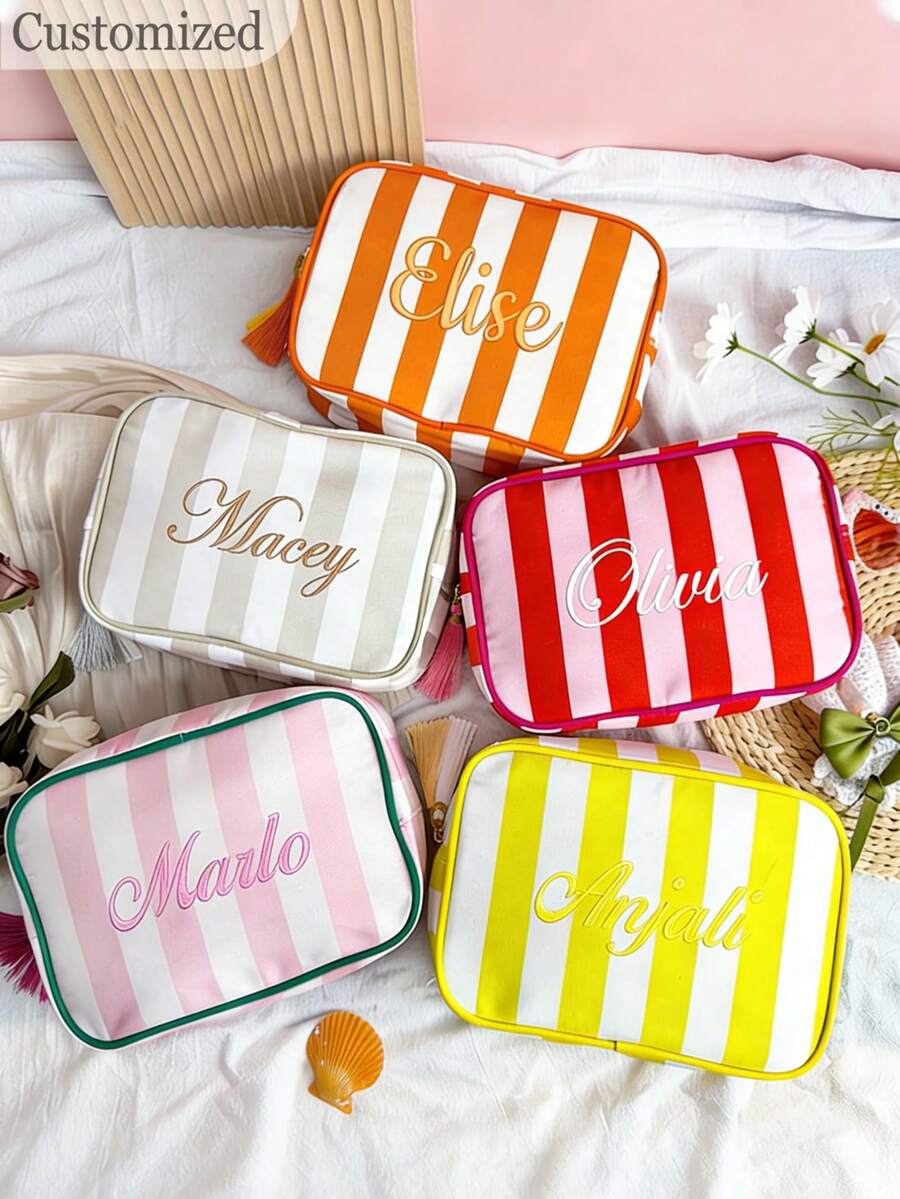 Personalized Name Makeup Bag, Customized Text Striped Cosmetic Pouch, Waterproof Travel Organizer Bag, Suitable For Bridesmaids