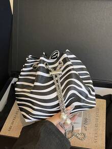 Zebra Print Fashion New One Shoulder Diagonal Handbag, Briefcase, Office Commute Bag, Drawstring Bucket Bag, Minimalist Stylish Metal Chain Shoulder Bag - Multicolor - View 5
