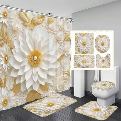 1pc/4pcs Embossed Floral Pattern Multifunctional Bathroom Decor Shower Curtain Set, Free 12 Hooks Included, Elegant Holiday Atmosphere, Bathroom Mat, U-Shaped Floor Mat And Round Toilet Mat, Suitable For All Scenarios