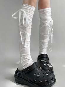 1 Pair White Lace-Up Knee High Socks For Women, Unique Cross Bow Tie Design Thigh High Stockings, Stretchy Ballerina Socks Suitable For Daily Wear, Party, Cosplay And Streetwear, Spring/Summer - trắng - Xem 5