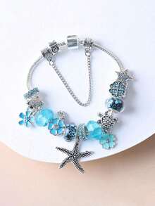 1pc European And American Fashion Creative Women Summer Ocean Style Bracelet, New Blue Ombre Flower, Starfish, Sea Turtle Charm Bracelet - Blue - View 4