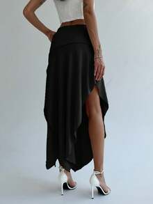 Falda midi mujer estilo elegante, corte asimétrico, versátil, nueva colección primavera-verano - Negro - Ver 2