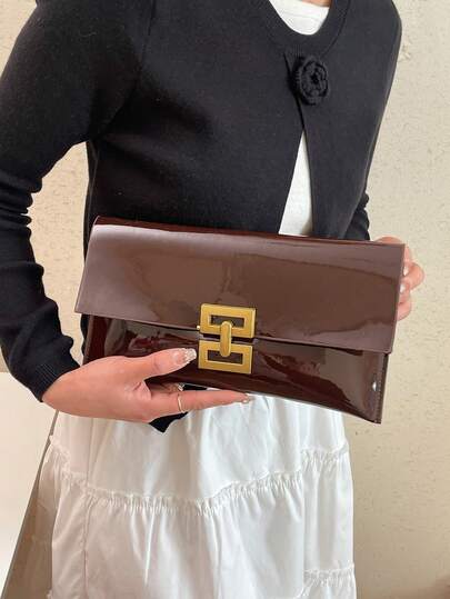 Solid Color Glossy PU Fabric Handbag Women's Bag New Fashion Buckle Handbag New Mini Bag Women's Fashion Simple Envelope Small Bag
