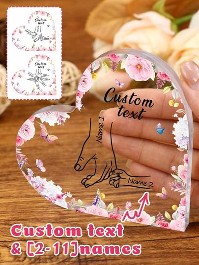 Individuelle Blumen-Herz Acryl Plakette, personalisierte Namen & Text Erinnerungsdekoration, romantischer eleganter Stil Tisch-Display für Zuhause Schlafzimmer, individualisierbar mit 2-11 Namen als Geschenk für Mutter Großmutter Familie, individualisierbar als Valentinstag Geburtstag Muttertag Geschenk, bedeutungsvolle Erinnerungsdekoration