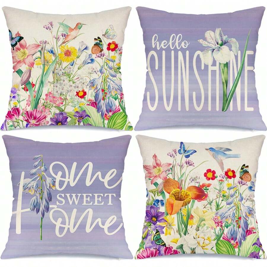 Spring Summer Bird Butterfly Floral Purple Throw Pillow Covers 18x18 Set Of 4 Hello Sunshine Home Sweet Home Farmhouse Cushion C - 灰色2件 - 查看 1