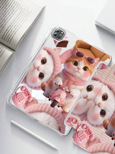 1个可爱卡通猫咪印花亚克力透明水晶后盖，防震耐用，适用于iPad第7、8和10代（10.2英寸）。内置笔槽，支持睡眠/唤醒功能。是万圣节和新年的理想礼物。