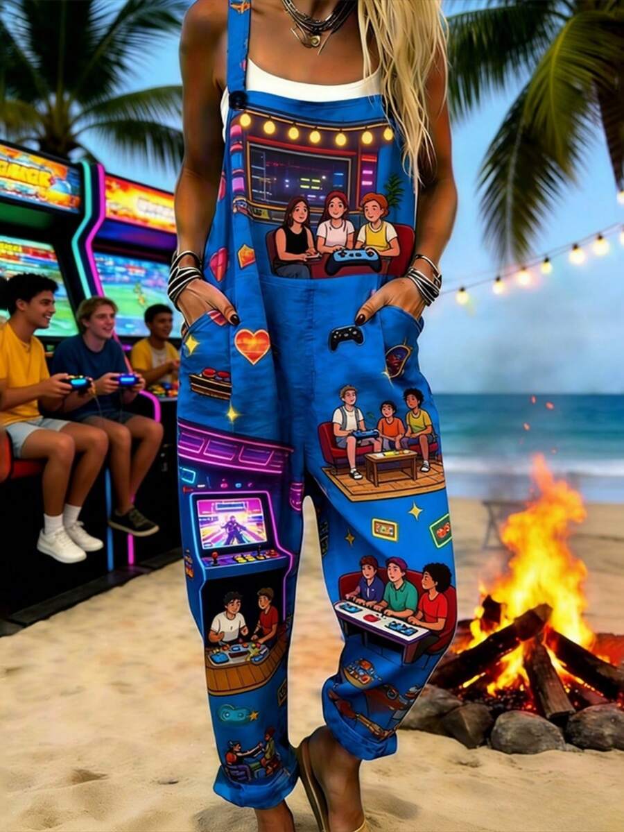Arcade Game Scene All-Over Print Women's Adjustable Strap Jumpsuit, Polyester Fiber Fabric, Lightweight And Breathable, Women's Clothing, Standard Size Jumpsuit, Plus Size Women's Clothing, Plus Size Jumpsuit And Romper, Plus Size Jumpsuit - 彩色 - 查看 1