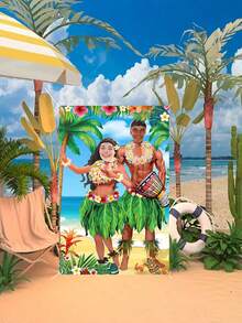 1pc Oversized Hawaiian Photo Prop Banner, Hawaiian Summer Photography Background, Hawaiian Themed Party Decor, Tropical Luau Couple Doorway Curtain Decor, Hawaiian Party Decorations, Fabric Luau Photo Booth Backdrop, Aloha Tiki Background For Beach Party - A - View 6