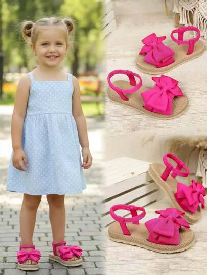 1 par de sandalias planas para bebé/niña pequeña en color fucsia, de tela suave sólida con gran decoración de lazo, diseño de punta redonda y abierta, con elástico y de estilo slip-on, elegantes y lindos sandalias bohemias de playa, adecuadas para uso diario casual, vacaciones, festivales y fiestas, nueva llegada para primavera/verano