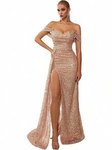 Women's 2026 Sequin Tulle Off Shoulder Floor Length Formal Evening Gown, Elegant Dress For Wedding Guest, Prom & Party - 香檳色 - 查看 1