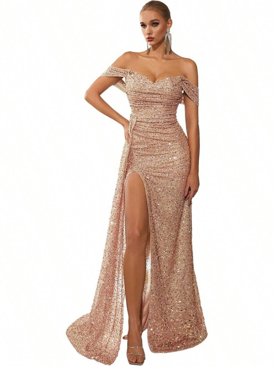 Women's 2026 Sequin Tulle Off Shoulder Floor Length Formal Evening Gown, Elegant Dress For Wedding Guest, Prom & Party - 香檳色 - 查看 1