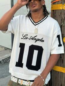 ANDREILEE Áo dệt kim tay ngắn màu đen, viền rách, in hình thánh giá và chữ cái theo phong cách Gothic tối màu, kiểu dáng đường phố rộng rãi, thoải mái. - trắng - Xem 2