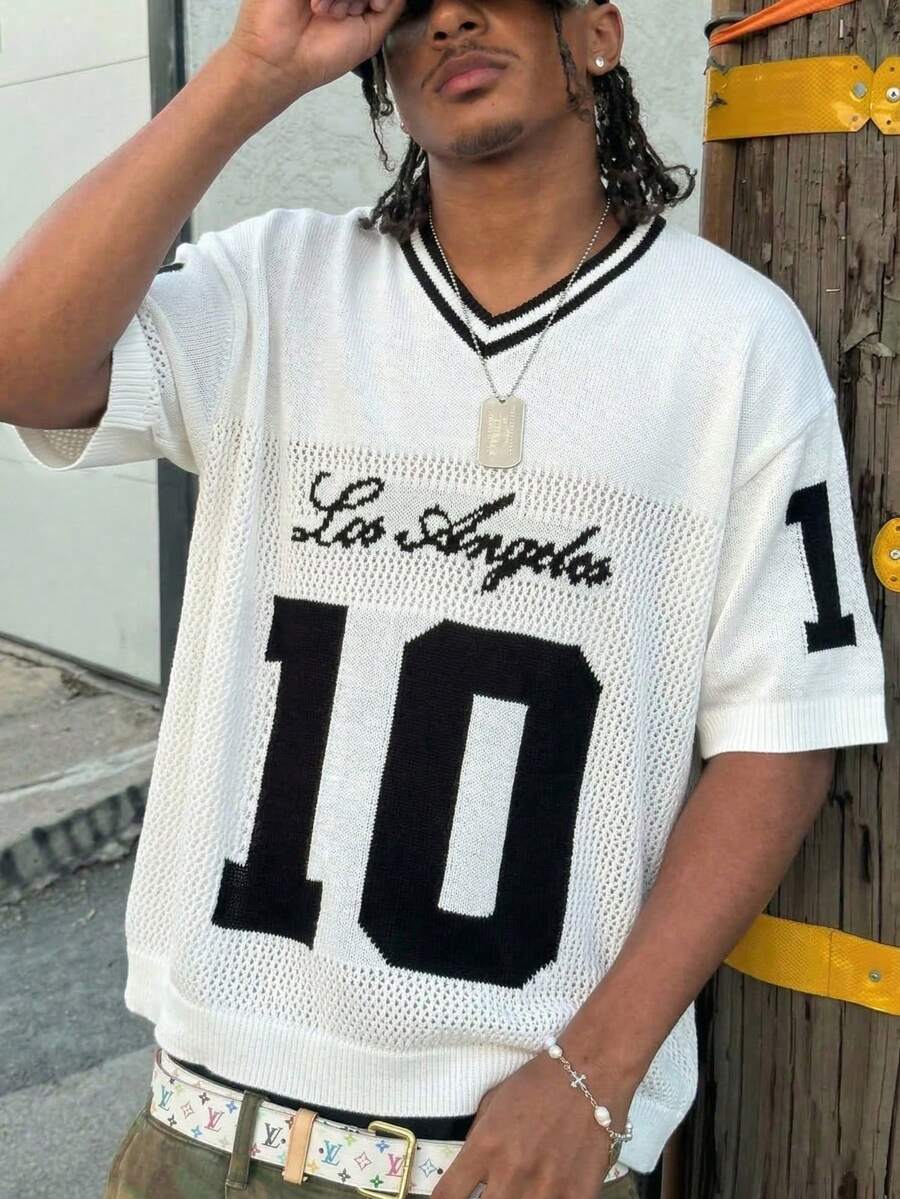 ANDREILEE Áo dệt kim tay ngắn màu đen, viền rách, in hình thánh giá và chữ cái theo phong cách Gothic tối màu, kiểu dáng đường phố rộng rãi, thoải mái. - trắng - Xem 1