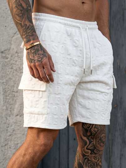 Quần short nam mùa hè, kiểu dáng thường ngày, thời trang, có túi lớn, chất liệu jacquard, màu trắng, thích hợp mặc đi biển, đi nghỉ mát hoặc đi biển.