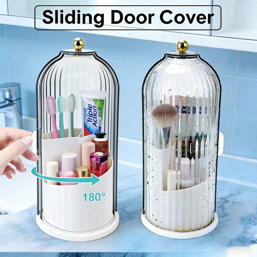 360° Makeup Brush Holder Organizer With Lid Waterproof Dustproof Vanity Storage - White - View 1
