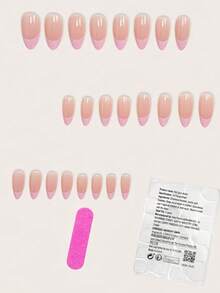 24片杏仁形美甲贴纸套装，瞬间提升您的美甲造型！甜美优雅的粉色法式美甲，全覆盖设计，适合女性和女孩。套装包含1张美甲贴纸和1个迷你指甲锉，采用果冻凝胶材质，按压式美甲贴片。 - 粉色 - 查看 2