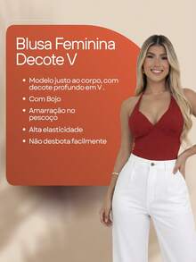 Women's Ribbed Tank Top In The Color Of The Year. Great Fit. Basic And Easy To Match. Minimalist With V-Neck And Neck Tie. Summer. - Terracotta - View 3