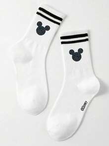 Disney 1双男士中筒袜，黑白条纹图案，可爱卡通设计，防臭吸湿，休闲运动袜，适合学生/成人作为礼物或日常穿着。 - 白色 - 查看 4