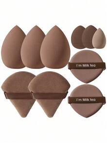 10pcs Makeup Sponge Set, Including: 4pcs Makeup Sponges + 2pcs Makeup Puff + 2pcs Triangle Makeup Puff + 2pcs Mini Makeup Puff - Coffee Brown - View 2