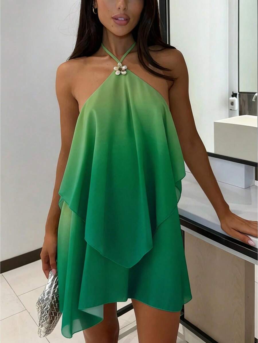 Women's Gradient Halter Mini Dress, Layered Ruffle Hem Dress For Summer Club Nights  Party Outings - 薄荷綠 - 查看 1