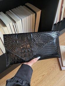 时尚纯色优雅鳄鱼纹信封手拿包，休闲百搭手提包 - 彩色 - 查看 11