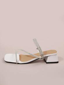 法式水钻装饰粗跟凉鞋，夏季新款细带设计，显瘦、时尚、百搭、优雅高跟鞋 - 白色 - 查看 3