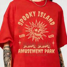 Spooky Island Amusement Park T-Shirt, Retro 2000s Halloween Movie Shirt, Disco Skull, Summer Spooky T-Shirt, 90s Nostalgia Halloween Tee For Halloween - 紅色 - 查看 11