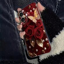 亮片、水钻红玫瑰、水钻蝴蝶、金叶仿珍珠透明手机壳 - 奢华柔软TPU防震保护套，适用于 17、16、15、14、13、12、11 Pro Max、16、15、14 Plus、13、12 Mini、X、XS Max、XR、8、7 Plus - 無色 - 查看 2