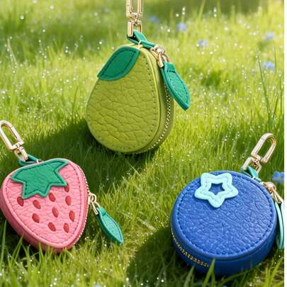 水果造型钥匙扣零钱包 - 迷你AirTag卡套和首饰收纳袋 - 女士理想礼物，首饰收纳袋，可挂在包包上方便取用，袋中袋设计，可爱零钱包，迷你水果系列