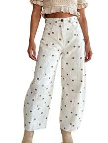 Women's 2026 Polka Dot Barrel Jeans Curved Sword Pants Boyfriend Y2K Casual Wide Leg Mid Rise Denim Pants - 棕色 - 查看 6