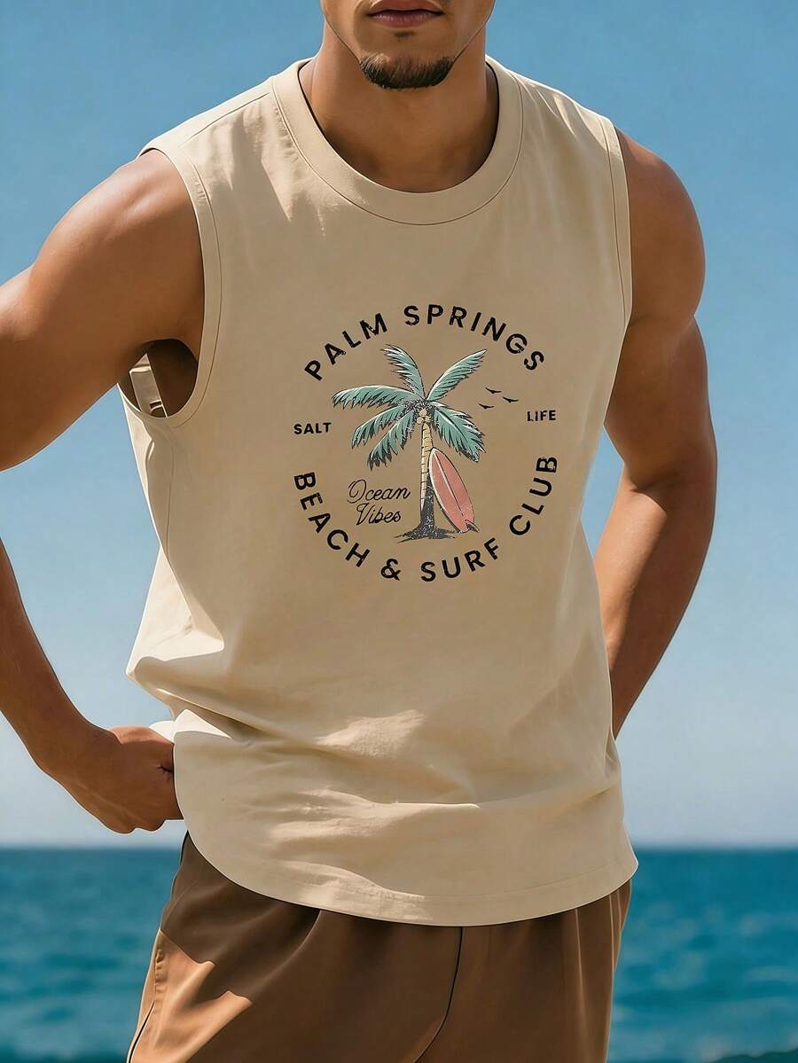 1 chiếc áo tank top nam cổ tròn in hình cây dừa, thích hợp mặc mùa hè. - Màu be - Xem 1