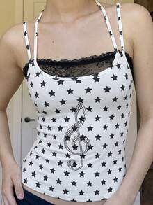 Women's Y2K Star Print Camisole Top - Double Spaghetti Straps Lace Trim U-Neck Sleeveless Top, Musical Note Graphic Backless Design, Summer Outfits For Women, Party Outfit, Going Out Streetwear, Spring Summer Daily Wear, Edgy Casual Top - Multicolor - View 3
