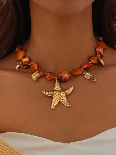 1件多巴胺海洋蓝贝壳海星珍珠串珠项链，随机海滩假日项链首饰礼物（女士）