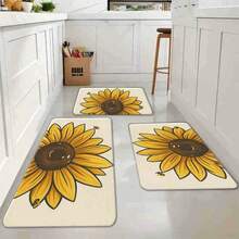 1/2/3pcs-Large Sunflower With Bright Yellow Petals Dark Brown Center Cartoon Bees Bold Line Art Graphic Print Beige Background Decorative Floor Mat-Flannel Material, Soft, Comfortable And Easy To Clean, Suitable For Bathroom, Bedroom, Kitchen, Porch, Laundry Room, Daily Decor, Three Sizes Available - 黑色 - 查看 2