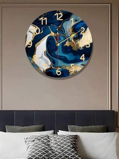 1pc Fantasy Theme - Navy Blue And Gold Marble Swirl Design Wall Clock, Wooden Round Silent Wall Clock, Suitable For Living Room, Bedroom, Kitchen, Office Decor, Home Decor, Great Gift For Business Partners, Battery Powered