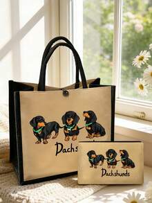 Yellow Linen Dachshund Pattern Tote Bag - Multifunctional Large Capacity Handbag And Wallet Set, Including Small Wallet - Multicolor - View 2