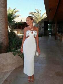 女士夏季波西米亚亮片白色蕾丝系带露背吊带长裙，无袖修身镂空性感针织连衣裙，适合海滩度假、海滩派对、音乐节、鸡尾酒会、城市公路旅行、假日约会 - 白色 - 查看 8