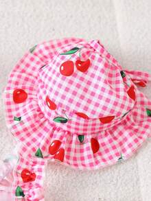Bộ đồ cho chó có mũ trùm đầu, họa tiết kẻ caro xanh cổ điển với hình quả anh đào, dành cho mèo con và cún con. - Hồng - Xem 4