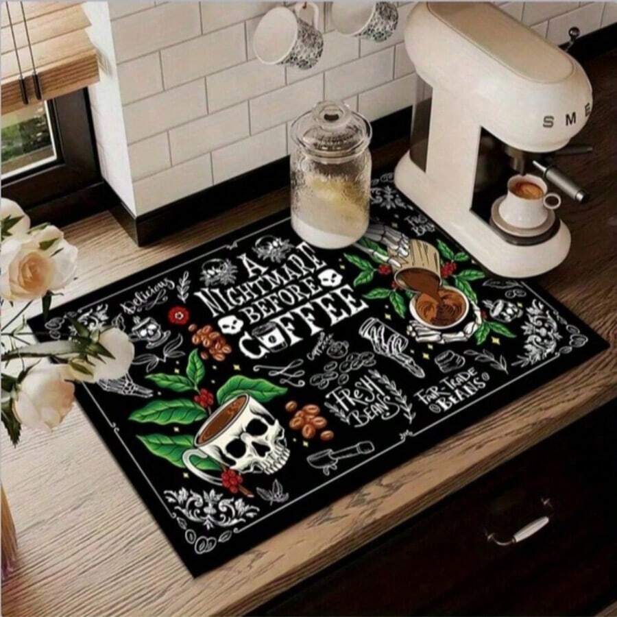 1 Piece, Square Skull Coffee Pattern Anti-Scald Mat, Soft Rubber Backing Heat Insulation Pad, Desktop Protection Mat, Coffee Machine Counter Mat, Kitchen Drain Mat, Home And Kitchen Placemat