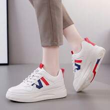 Tenis de mujer casuales con plataforma de suela gruesa para aumento de altura, zapatillas blancas mujer de cuero sintético PU con diseño retro de combinación de colores y cordones, zapatos para mujer calzado deportivo cómodo transpirable y antideslizante, tenis deportivos para mujer oferta ligeros y versátiles para uso diario de estilo casual y moda. - Rosa Fucsia - Ver 1